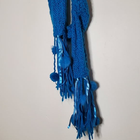 Cerulean Blue Blocked Knit Scarf with Ribbons and Angora Rabbit Hair Puffs - Picture 6 of 11